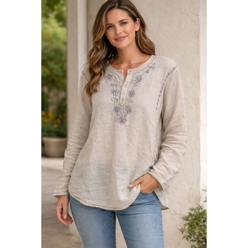 Outfit JPR Womens XL Linen‎ Embroidered Henley Tunic Top Beige Long Sleeve Boho